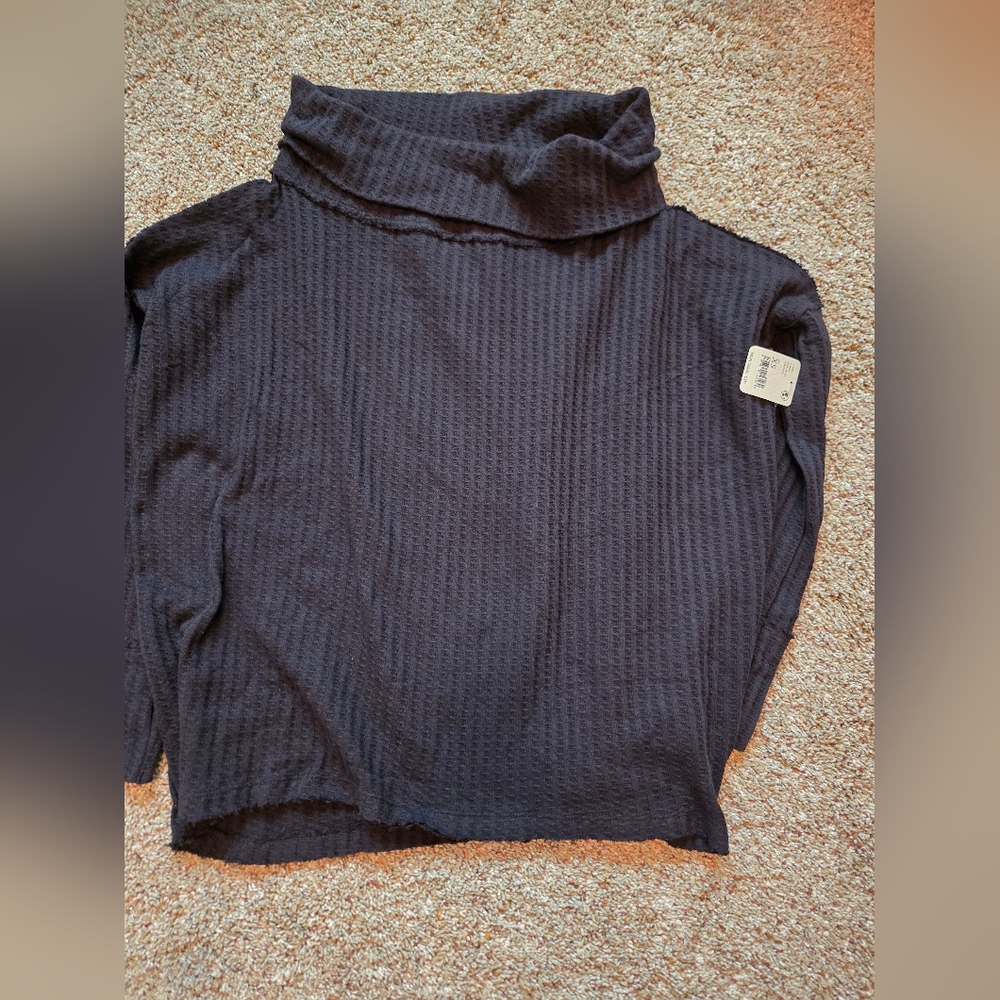 Nwt Free People Black Juicy Long Sleeve Turtleneck Waffle Knit Split Back Top S
